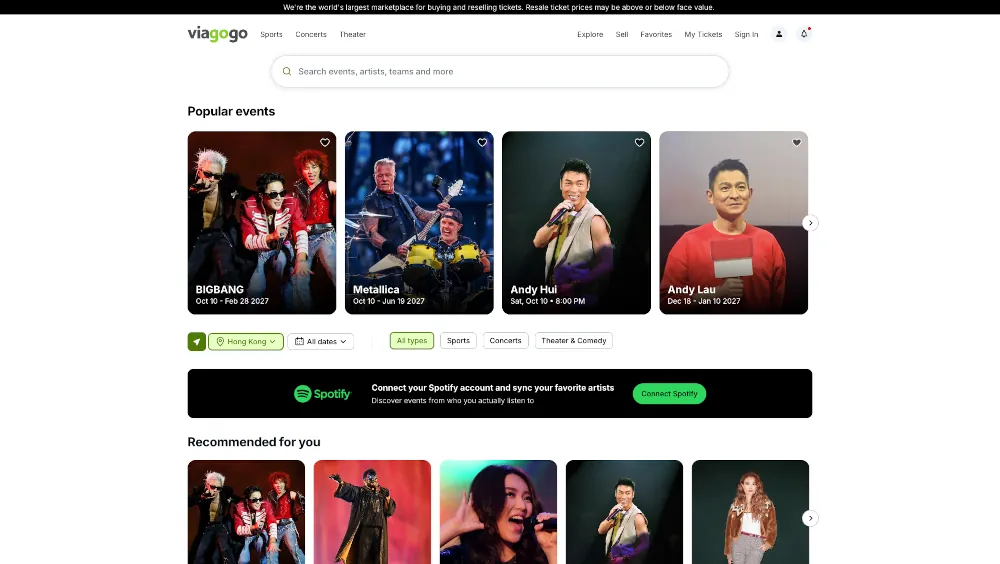 Página de inicio del sitio web de viagogo