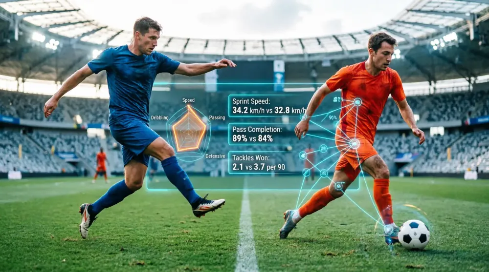 Two football players in different colored kits competing on the pitch, with a holographic AI data analysis interface floating in the center featuring multi-dimensional radar charts and passing/defensive stat comparison panels, set against a modern stadium background, illustrating AI's comprehensive comparison of players in similar roles within a tactical context for football scouting.