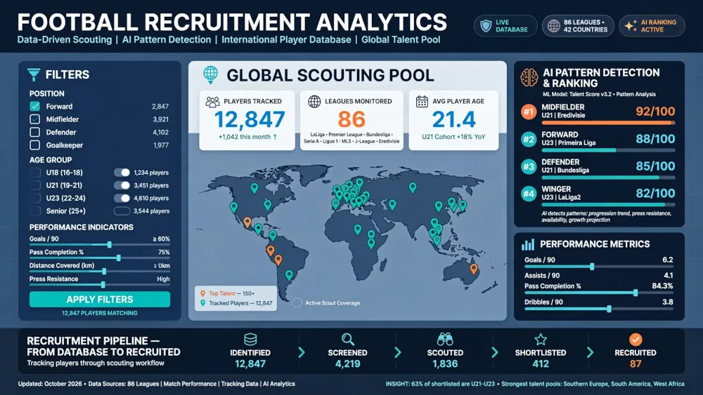 Football Recruitment Analytics dashboard showing data-driven scouting filters by position age group performance indicators, global scouting pool map with 12,847 players across 86 leagues, AI pattern detection ranking and recruitment pipeline from identified to recruited