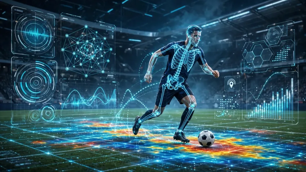 Análisis de un jugador de fútbol mediante IA, con seguimiento de movimientos, paneles de rendimiento y un mapa de calor sobre un campo de fútbol