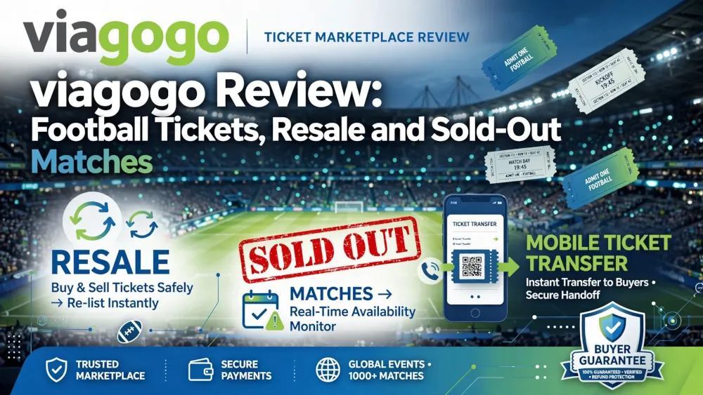 Portada de la reseña de viagogo con un mercado de reventa de entradas de fútbol, partidos con entradas agotadas, transferencia de entradas móviles y garantía del comprador, con un estadio de fondo